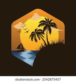 Ilustración vectorial simple de la atmósfera de la puesta del sol del mar con los cocoteros y la silueta del barco