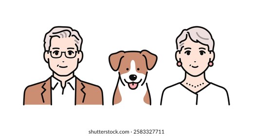 Simple vector illustration of a senior couple with a dog