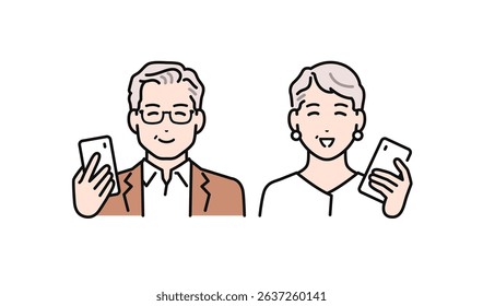 Simple vector illustration of a senior couple happy to see a smartphone