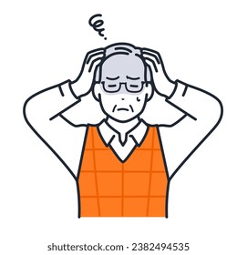 A simple vector illustration of a senior man holding his head and worrying