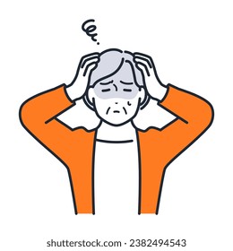 A simple vector illustration of a senior woman holding her head and worrying