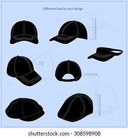 Simple vector illustration. Set of black men's and women's hats. Different views.