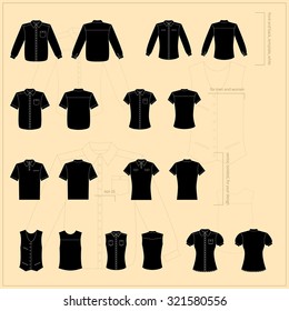 Simple vector illustration. Set of black men's and women's clothes. Different shirts and polo in front and back views.