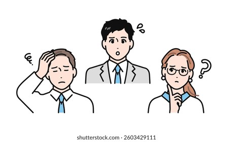 Simple vector illustration set of a business team with worried expressions