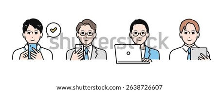 Simple vector illustration set of business people using smartphones, tablets and PCs