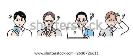 A simple vector illustration set of business people looking at their smartphones, tablets and PCs and worrying