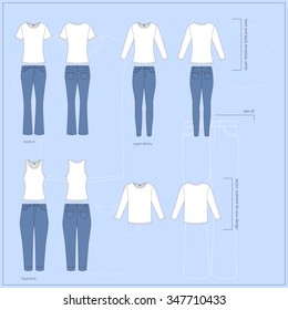 Simple vector illustration. Set of different white T-shirts in front and back views with basic types of blue women`s jeans.