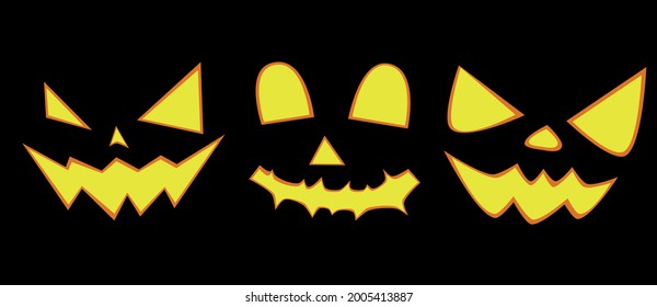 simple vector illustration of a set of faces for halloween on a black background