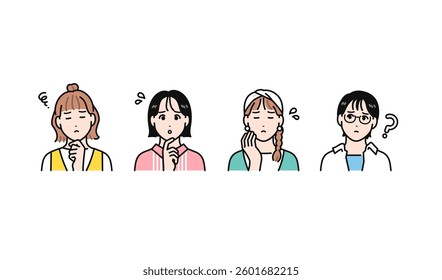Simple vector illustration set of four troubled young women