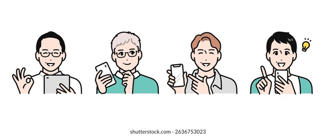A simple vector illustration set of four middle-aged men happy to look at their smartphones and tablet devices