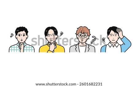 Simple vector illustration set of four worried casual young men
