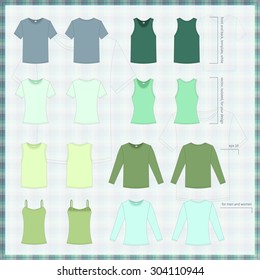 Simple vector illustration. Set of green men's and women's clothes. Different T-shirts in front and back views.