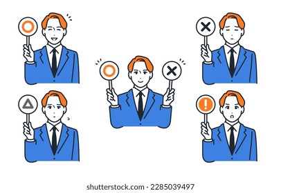 A simple vector illustration set material of a young man in a suit holding a mark and a cross