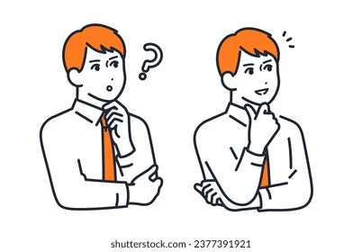 A simple vector illustration set material of a young businessman with a thinking expression and a smiling and happy expression.