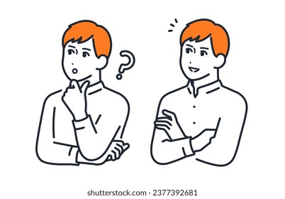 A simple vector illustration set material of a young man with a thinking expression and a smiling and happy expression.