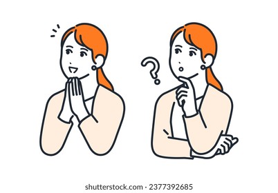 A simple vector illustration set material of a young business woman with a thinking expression and a smiling and happy expression.