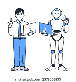 Simple ilustración vectorial material de un robot de IA y un joven empresario parado con una laptop