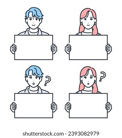 Simple vector illustration set material of young men and women holding whiteboards