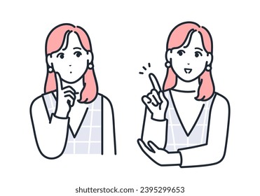 Simple vector illustration set material of a stylish young woman thinking by pointing