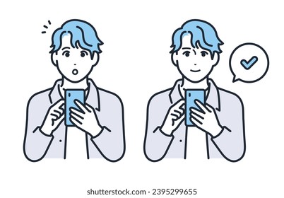 Simple vector illustration set material of a young man in casual clothes operating a smartphone