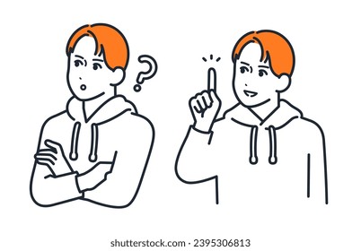 Simple vector illustration set material of a young man wearing a hoodie with a thinking expression and an inspired expression