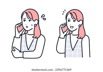 Simple vector illustration set material of a stylish young woman talking on a smartphone