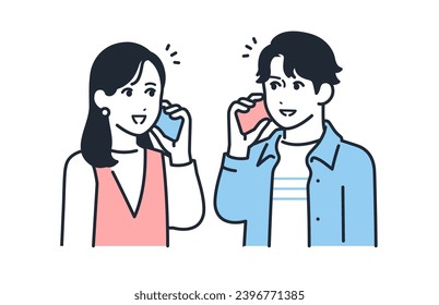 Simple vector illustration set material of a young couple talking on a smartphone