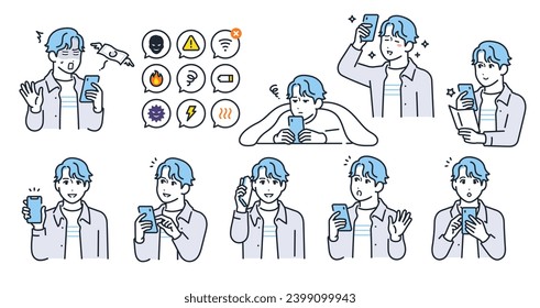 Simple vector illustration set material of smartphone and young man