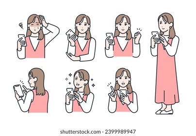 Simple vector illustration set material of smartphone and young woman