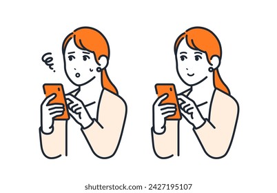 Simple vector illustration set material of a young business woman operating a smartphone