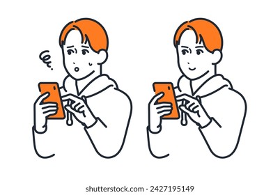 Simple vector illustration set material of a young man operating a smartphone