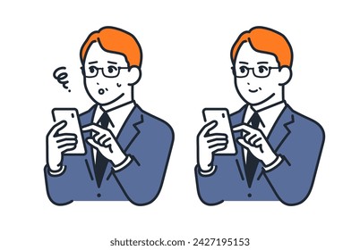 Simple vector illustration set material of a middle-aged male boss operating a smartphone