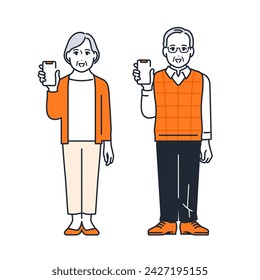 Simple vector illustration set material of a senior couple showing their smartphone screen