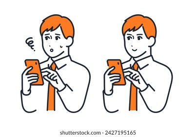 Simple vector illustration set material of a young businessman operating a smartphone