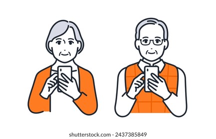 Simple vector illustration set material of a senior couple operating a smartphone with a smile