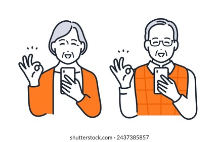 Simple vector illustration set material of a senior couple holding a smartphone and giving an OK sign