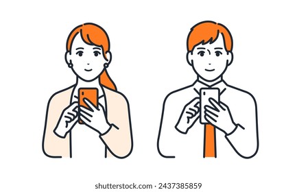 Simple vector illustration set material of young male and female office workers operating smartphones with smiles