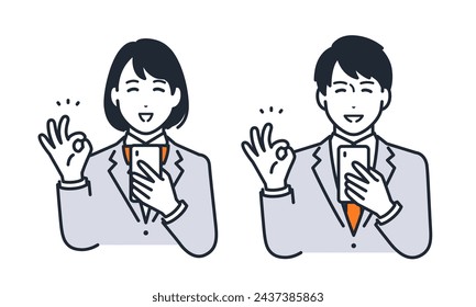 Simple vector illustration set material of a student holding a smartphone and giving an OK sign