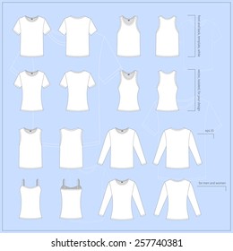 Simple vector illustration. Set of men's and women's clothes. Different T-shirts in front and back views.