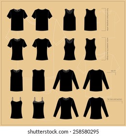 Simple vector illustration. Set of men's and women's clothes. Different black T-shirts in front and back views.