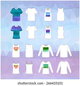 Simple vector illustration. Set of men's and women's clothes. Different white T-shirts in front and back views with triangles.
