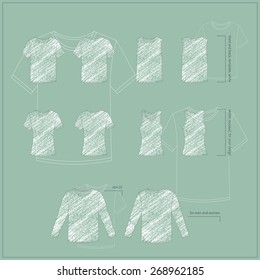 Simple vector illustration. Set of men's and women's clothes. Different T-shirts in front and back views.