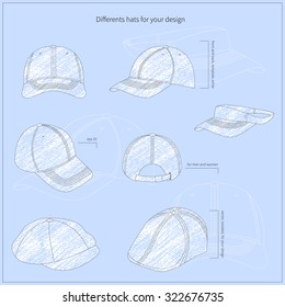 Simple vector illustration. Set of men's and women's hats. Different views.