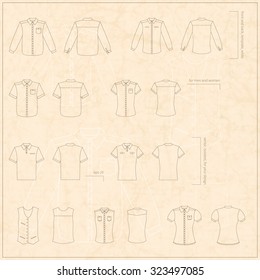 Simple vector illustration. Set of men's and women's clothes. Different shirts and polo in front and back views.