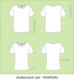 Simple vector illustration. Set of men's and women's clothes. White T-shirts in front and back views.