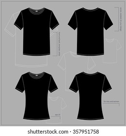 Simple vector illustration. Set of men's and women's clothes. Black T-shirts in front and back views.