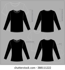 Simple vector illustration. Set of men's and women's clothes. Black shirts in front and back views.