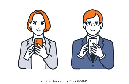 Simple vector illustration set of middle-aged men and women operating smartphones with smiles