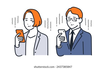 A simple vector illustration set of a middle-aged office worker looking at his smartphone and feeling sad