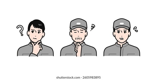 A simple vector illustration set of middle-aged and senior men wearing overalls with a worried expression